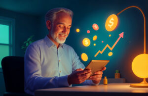 Homem utilizando tablet e fundo de moedas parecidas com bitcoin fazendo uma simulação de aposentadoria: quanto guardar por mes?